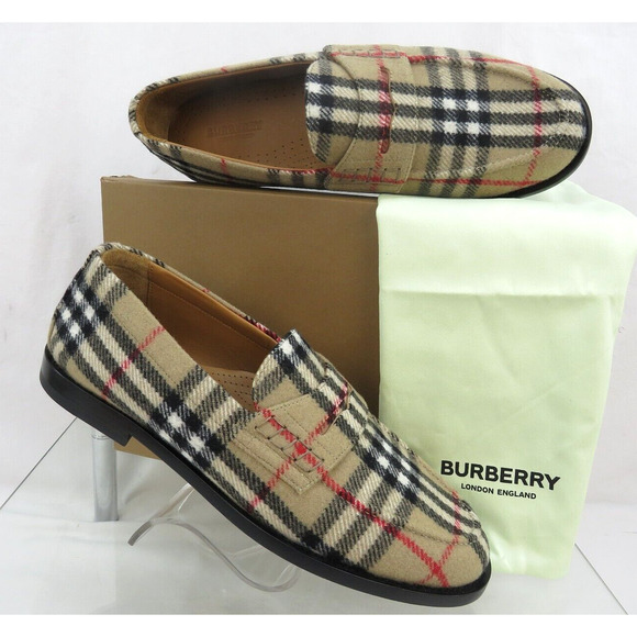 NIB $790 BURBERRY HACKNEY BEIGE CHECK WOOL PENNY LOAFERS 13 US 46 ITALY - Picture 2 of 14